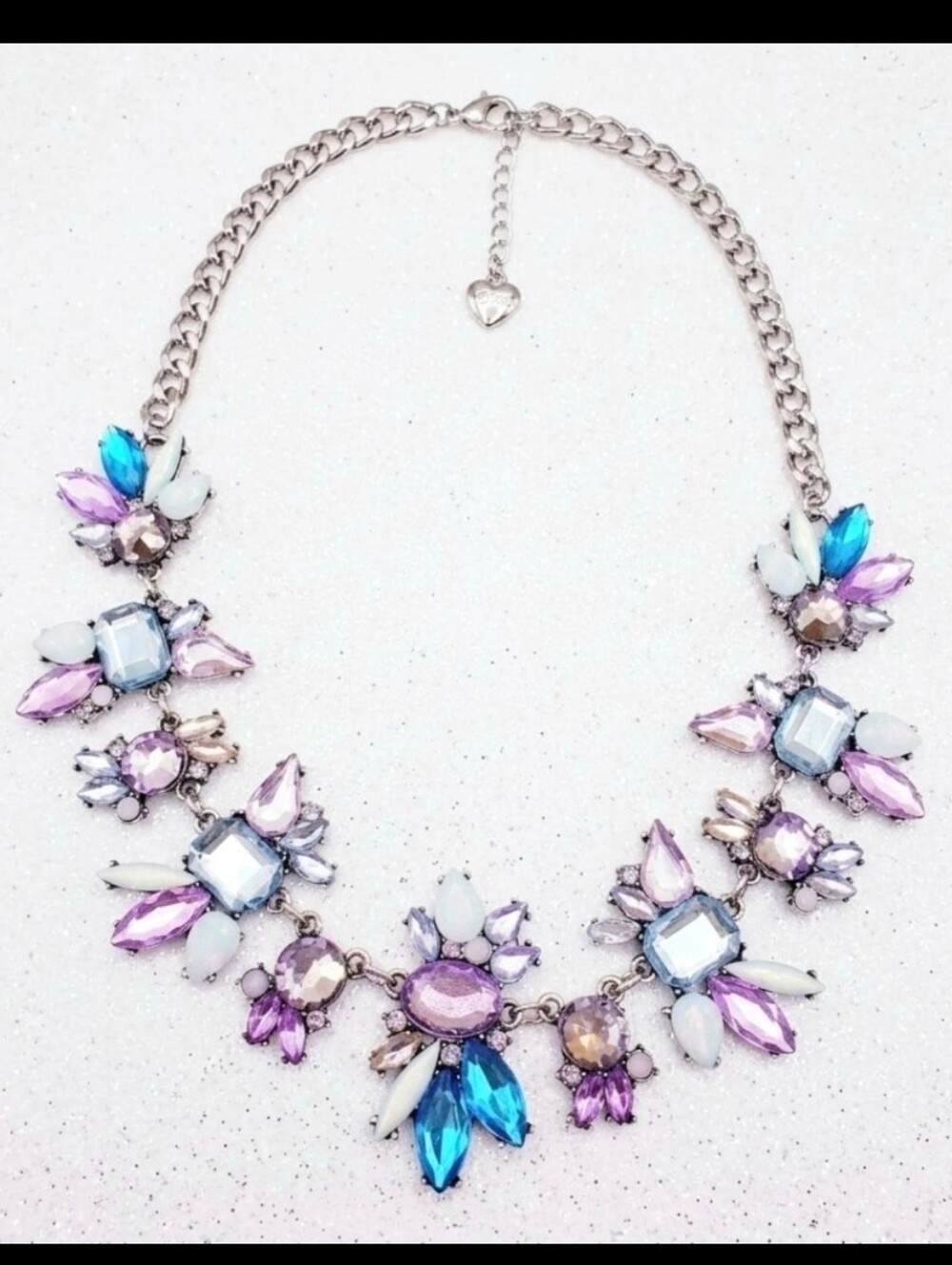 Silver Teal Purple Crystal Necklace With An Adjustable Chain
